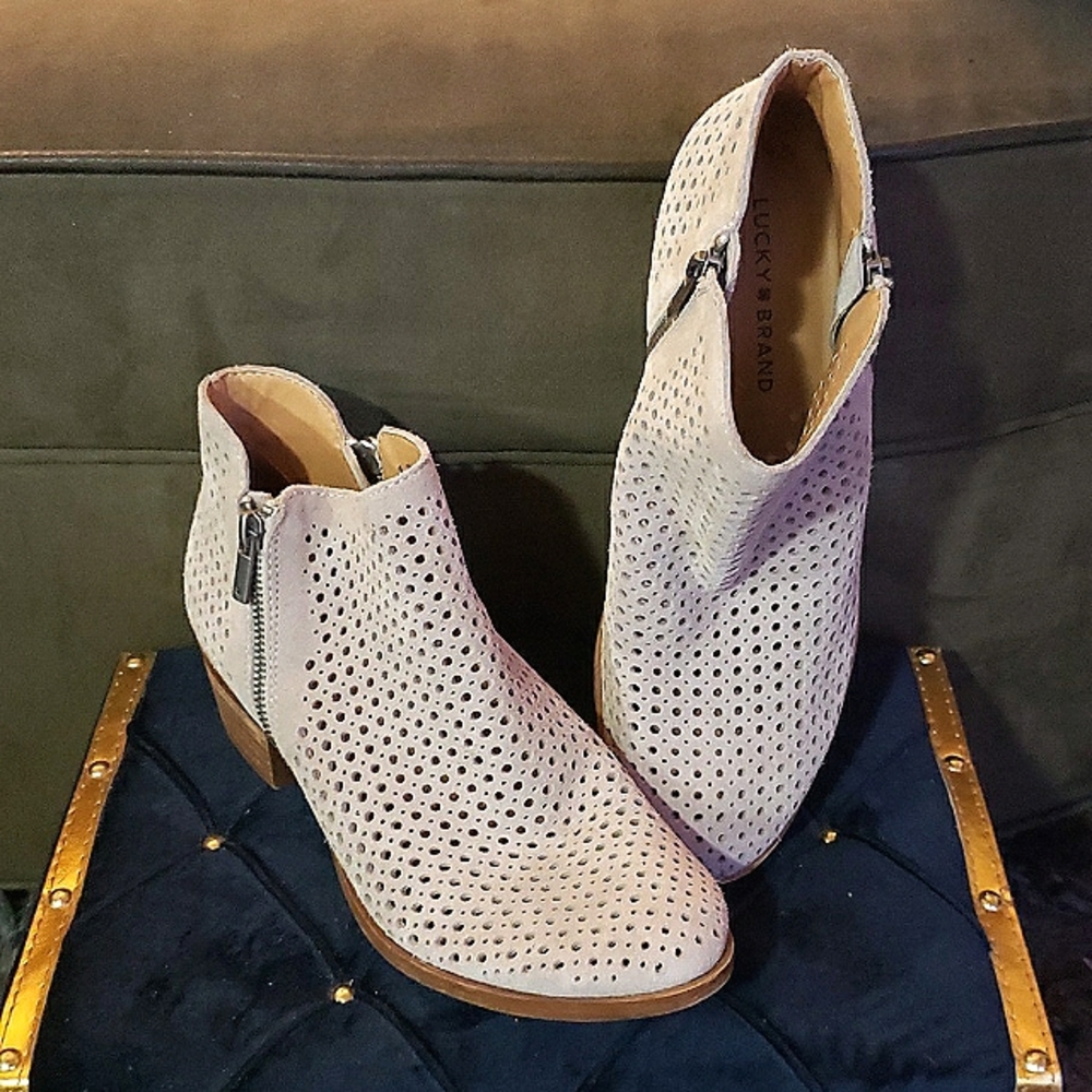 Lucky Brand Grey Perforated Suede Ankle Booties